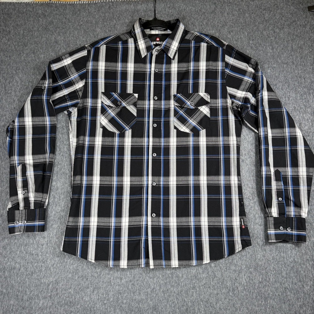 Airwalk Button Up Mens L Blue/Black Plaid Long Sleeve Shirt Y2K Skater